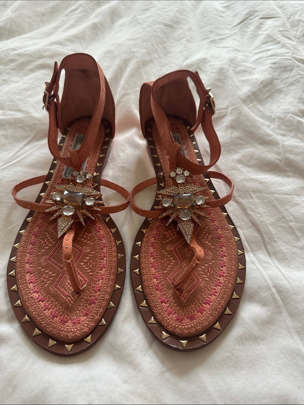 Ivy Kirzhner Rust Brown Jeweled T-Strap Sandals